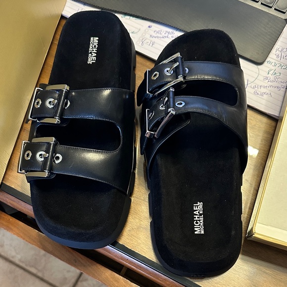 Michael Kors Black Leather Buckle Slides - Picture 1 of 7